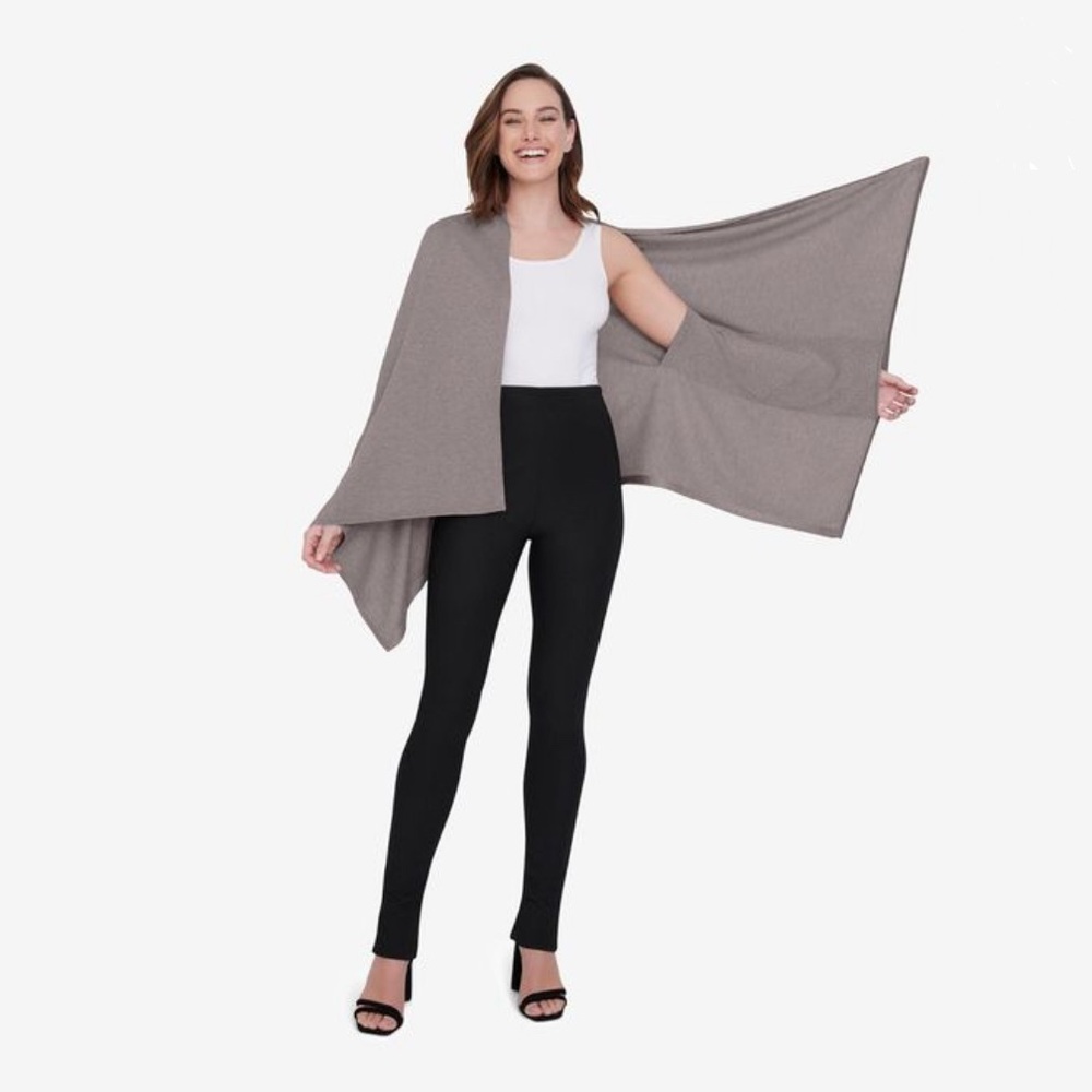 Adrianna Papell Metallic S’hug Knit Wrap with Tunnel Sleeves in Marble Gray M/L